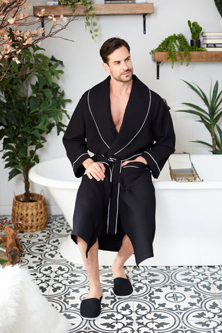 M&S Mens Pure Cotton Waffle Lightweight Dressing Gown - M - Black, Black,Grey  Mix | £40.00 | Port